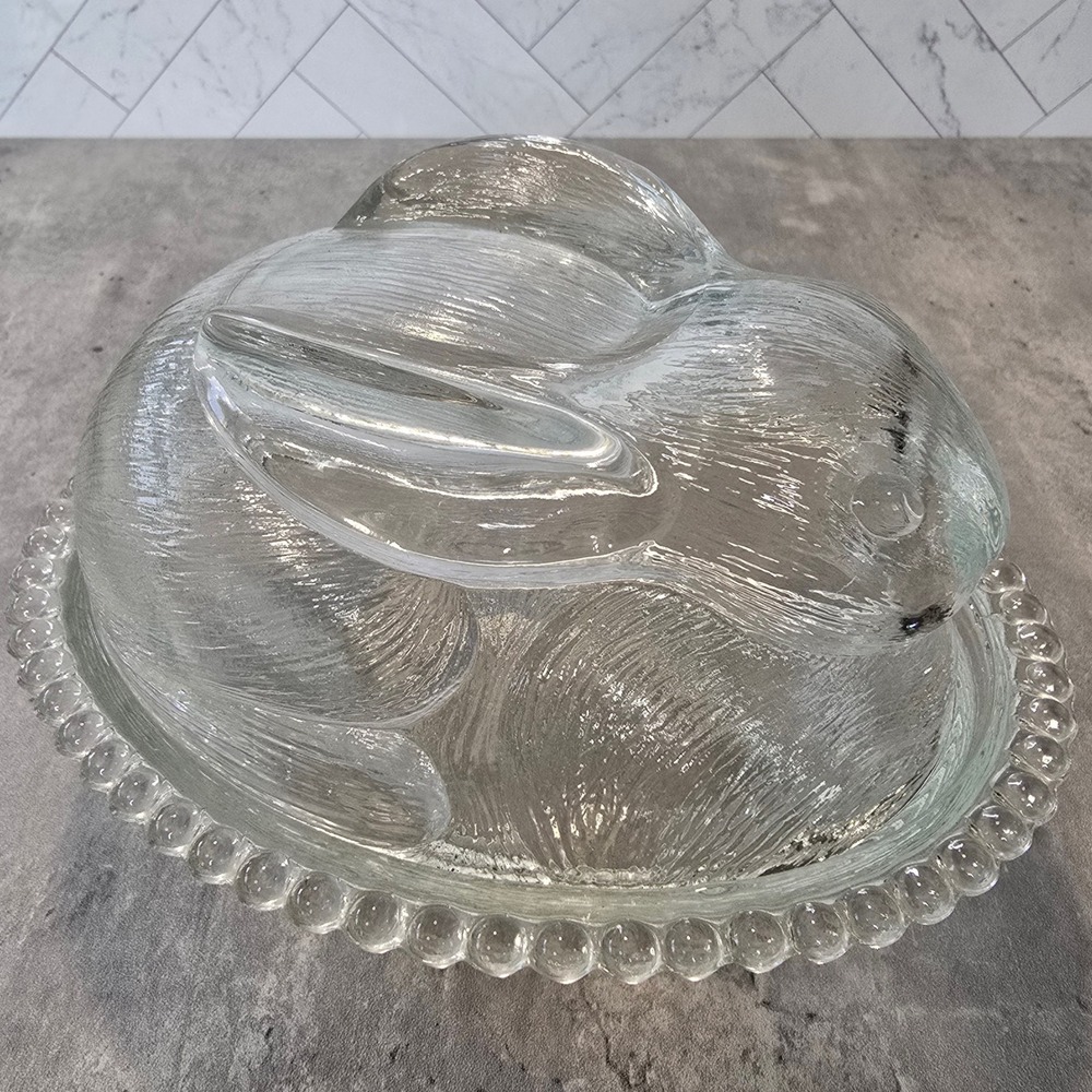 Vintage Bunny on Nest Clear Pressed Glass Candy Dish Beaded Rim Easter - Picture 2 of 12